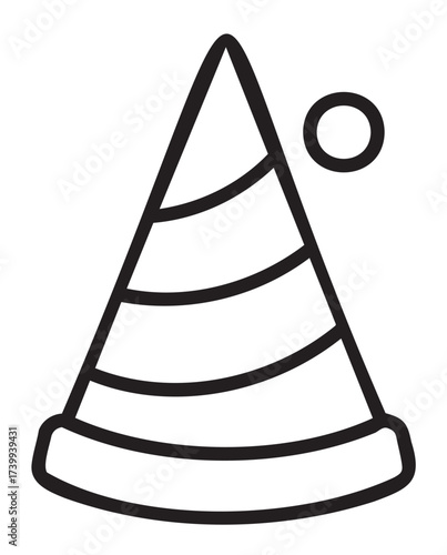 Black outline icon of a simple conical party hat with horizontal stripes and a small circle on the side.