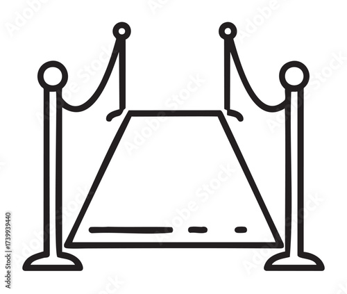 Black outline icon of a red carpet event with stanchions and ropes, symbolizing exclusive access and vip entrance.