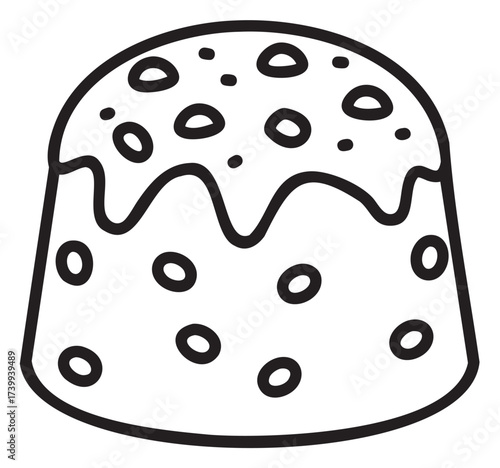 Black outline drawing of a simple iced cake with circular toppings, featuring wavy icing and dotted decorations.