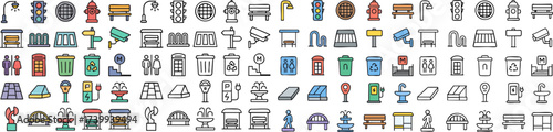 Urban City Life and Public Infrastructure Icon Set Collection.