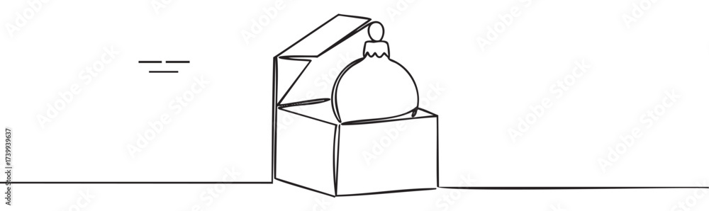 Obraz premium Black outline linear illustration of an open gift box containing a round christmas ornament with a hook on top. minimalistic design for holiday and celebration themes.