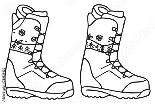 Black outline illustration of two winter boots with festive snowflake and tree patterns, designed for cold weather and outdoor activities.