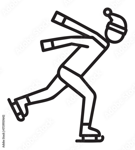 Black outline icon of a figure skater in motion wearing winter attire and ice skates. minimal linear illustration for winter sports and activity concepts.