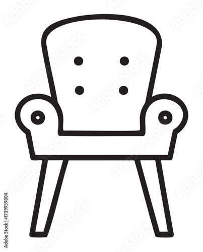 Black outline icon of a classic armchair with button tufting and splayed wooden legs, displayed in a minimalistic style.