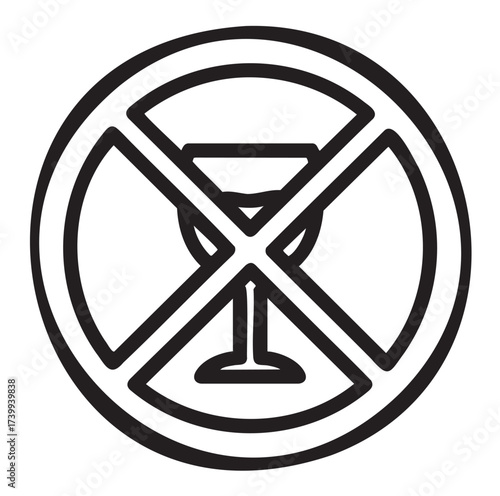 Black outline icon of a prohibition sign with a slash over a wine glass, indicating a ban on alcohol consumption.