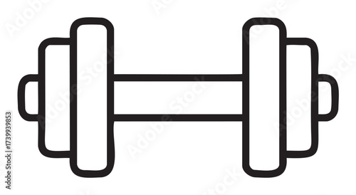 Black outline of a simple dumbbell with circular weights on each end, representing fitness and strength training equipment.