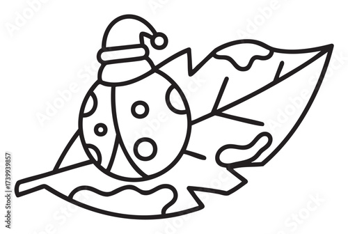 Black outline vector of a festive ladybug wearing a holiday hat on a leaf. minimal design for seasonal decor and nature-themed concepts.