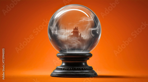 A witch's crystal ball for a Halloween seance, a magical object showing a vision of a spooky castle in the mist, a concept of fortune telling, the occult and divination, a mysterious symbol on orange.