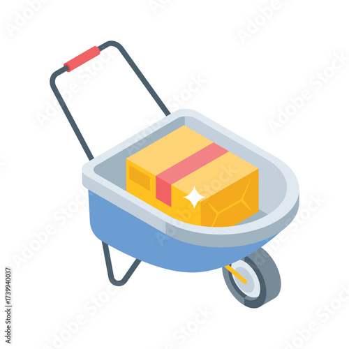 An isometric icon of a wheelbarrow carrying a package.
