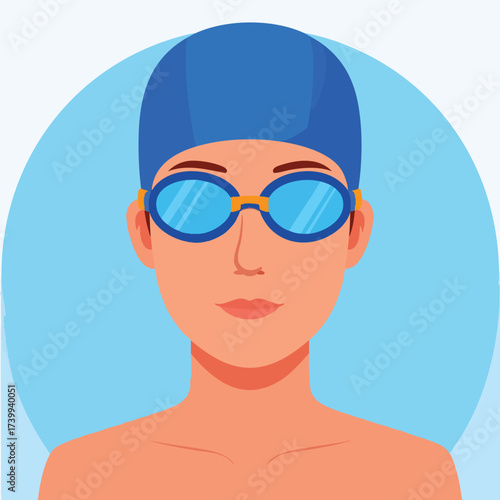 A cartoon illustration of a swimmer wearing goggles and a blue swim cap, ready to compete.