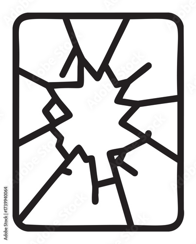 Black outline icon of shattered glass with irregular cracks radiating from a central point, symbolizing breakage or damage.