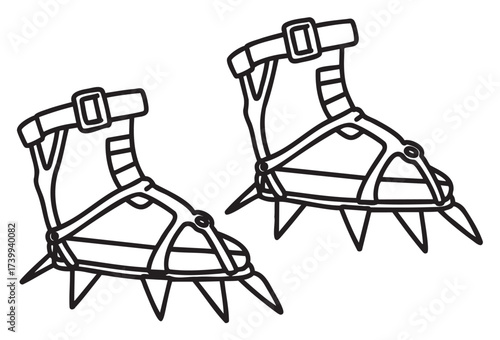 Black outline of spiked crampons designed for ice climbing and mountaineering, featuring secure straps and adjustable buckles.