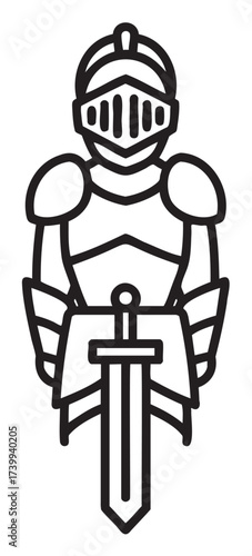 Black outline vector icon of a medieval knight in armor holding a sword, showcasing historical and warrior concepts.