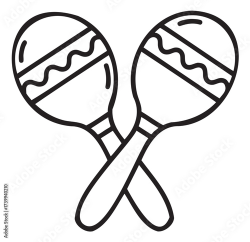 Black outline vector icon of two crossed maracas with zigzag and stripe patterns. simple linear illustration for music, dance, and cultural concepts.