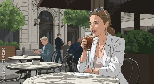 Woman enjoying coffee at outdoor caf scene