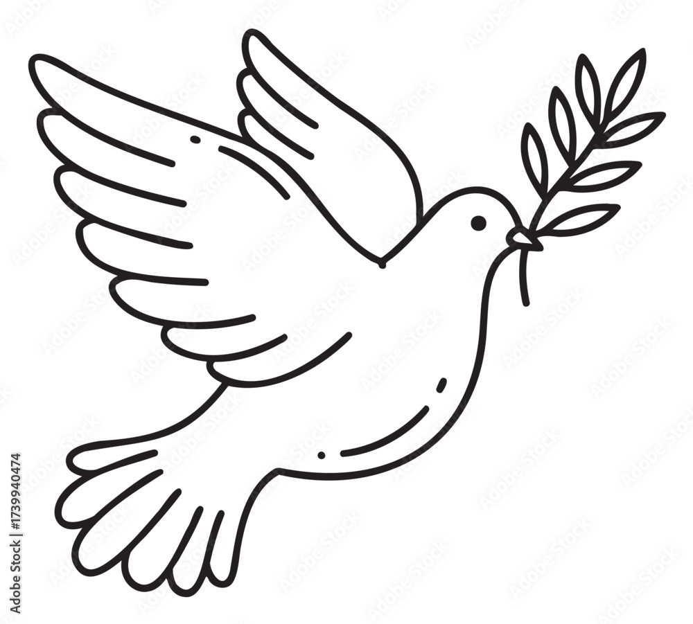 Fototapeta premium Black outline vector icon of a flying dove carrying an olive branch, symbolizing peace and hope.
