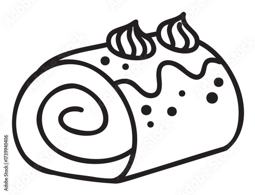 Black and outline of a swiss roll cake with cream swirls on top and decorative dots, showcasing a simple and elegant design.