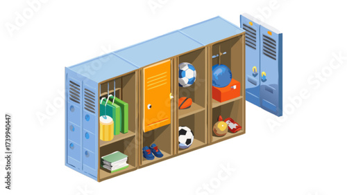 Isometric view of open school lockers with sports equipment and books showing storage and organization