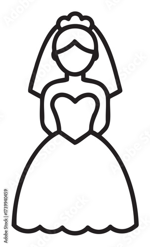 Black outline icon of a bride in a wedding dress with a veil and tiara, showcasing a classic bridal silhouette.