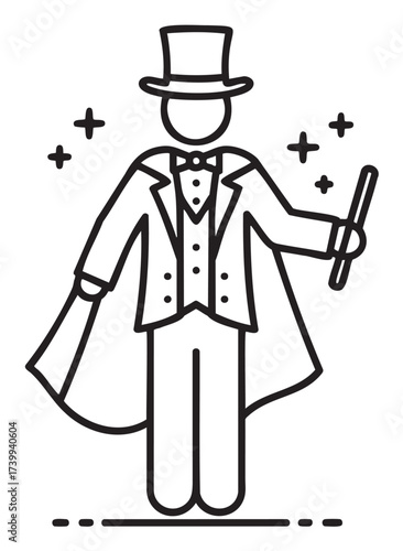 Black outline vector icon of a magician wearing a top hat and cape, holding a wand with sparkles around, symbolizing magic and performance.