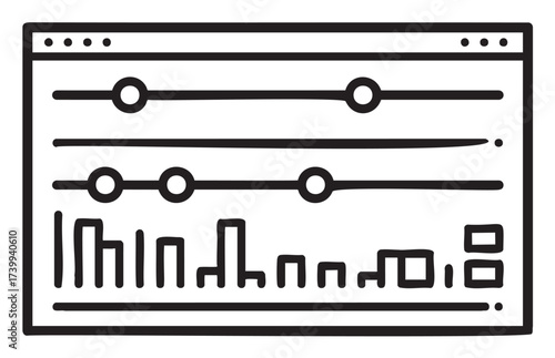 Black outline vector icon of an audio mixer interface with horizontal sliders and volume controls, suitable for sound engineering and music production concepts.