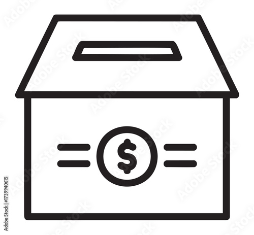 Black outline icon of a simple donation box with a dollar symbol on the front and a slot on the top.