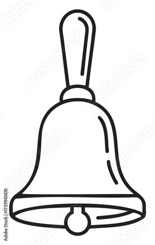 Black outline drawing of a classic handbell with a curved handle and clapper inside, suitable for acoustic and musical concepts.