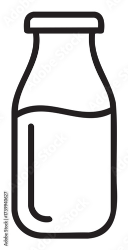 Black outline of a simple glass bottle filled halfway with liquid, featuring a classic milk bottle shape and a narrow neck.