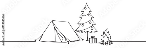 Black outline drawing of a triangular camping tent beside a decorated christmas tree, a wrapped gift, and a campfire.