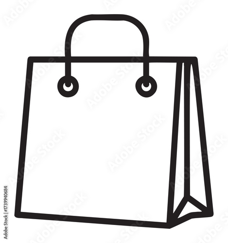 Black outline icon of a simple square paper shopping bag with handles, ideal for retail and consumer goods concepts.