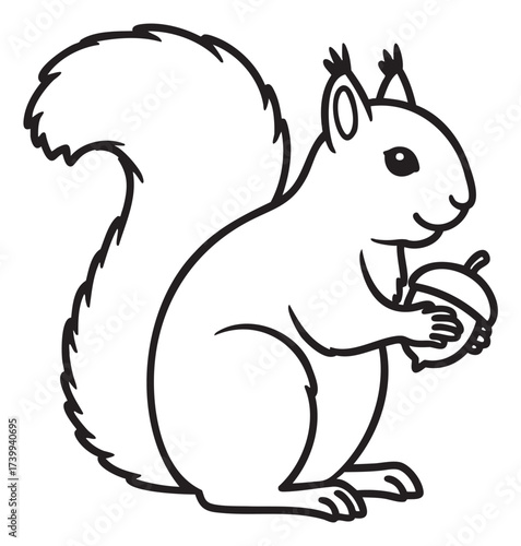 Black outline vector icon of a cute cartoon squirrel holding an acorn, featuring a fluffy tail and pointy ears.