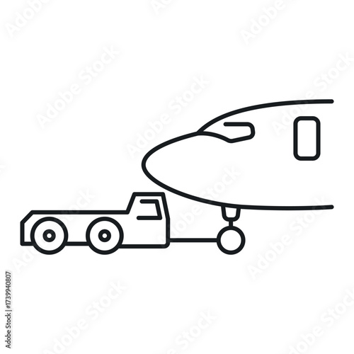 Icon illustrates ground support activities at an airport, featuring a tug vehicle linked to an aircraft. This represents essential operations for airplane handling.