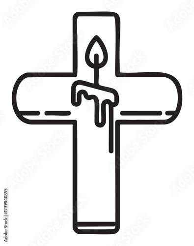 Black outline drawing of a solid cross with a candle design in the center, featuring wax drips below the candle flame.