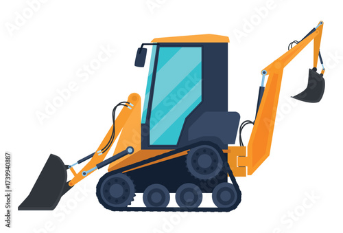 Illustration of a compact multi-purpose crawler excavator on a clean white background, ideal for construction work