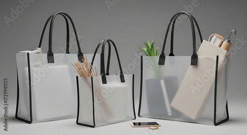 Stylish Transparent Tote Bags Trio with Black Trim, Showcasing Modern Essentials in a Clean Studio.