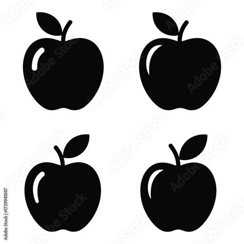 Four simple black silhouette apple icons fresh fruit healthy eating symbols isolated graphic elements for design projects silhouette