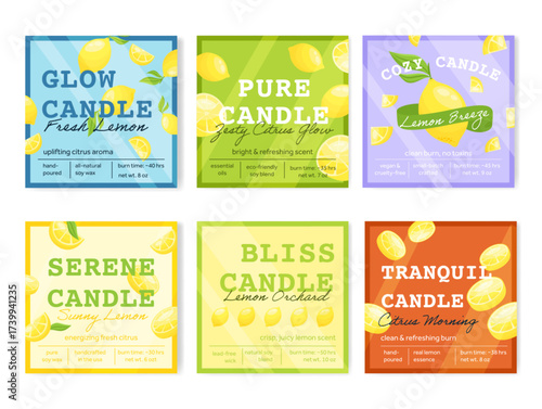Candle label templates with a fresh lemon scent. Each label highlights the invigorating aroma and vibrant design, perfect for any space.