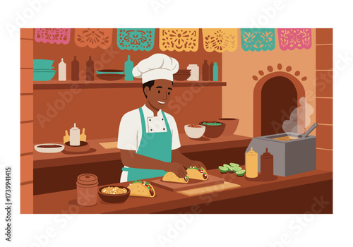 A chef in a restaurant kitchen prepares tacos near a deep fryer under colorful banners