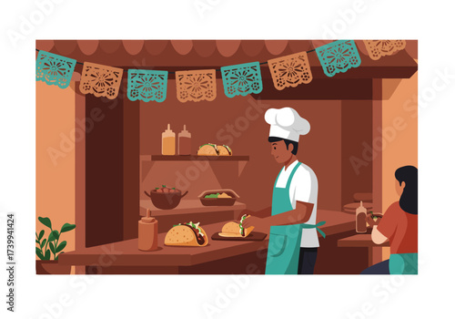 A chef in a taco stand prepares food for a customer with festive paper decorations overhead