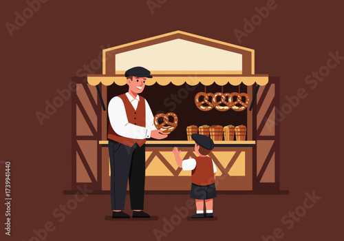 A man gives a pretzel to a boy at a stand selling pretzels