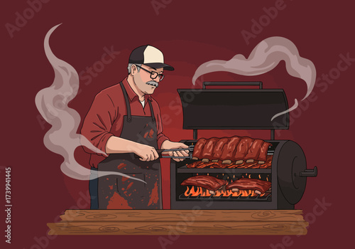 A man grills ribs on a smoker against a red background amidst smoke and a wooden table