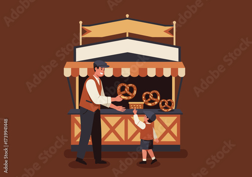 A man hands a pretzel to a child at a pretzel stand