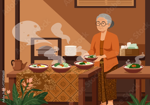 An old woman serves dishes in a warmtoned interior with steam and stacked plates