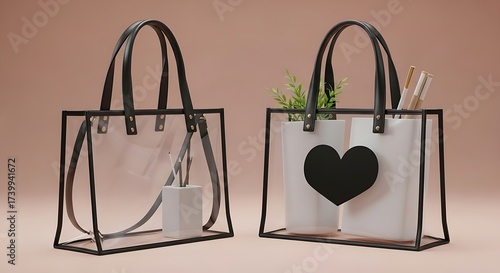 Chic Transparent Tote Bags with Black Accents and Heart Detail.