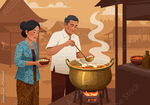 An older man and woman cook a large pot of stew over a flame in a village scene