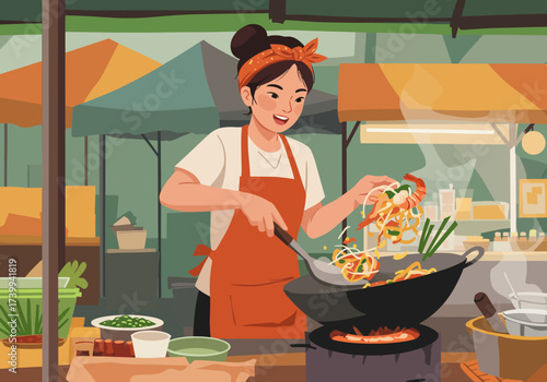 Cartoon woman cooks food in a wok at a market stall wearing an orange apron and a matching headband