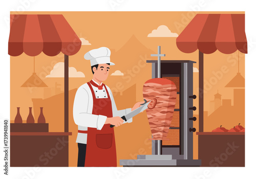 Chef slicing meat from a gyro machine set against an orange cityscape with market stalls