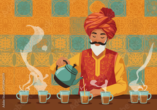 Man in turban pours tea into cups on counter Steam rises Patterned wall behind