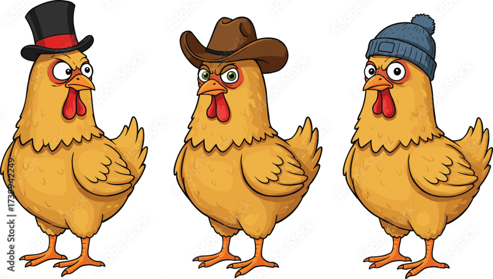 Fototapeta premium Funny cartoon chickens wearing hats including cowboy hat, winter beanie, and top hat, cute farm animal vector illustration designFunny cartoon chickens wearing hats including cowboy