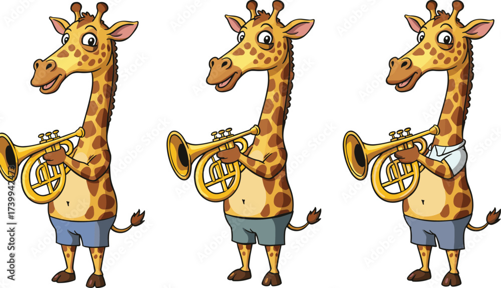Naklejka premium Funny cartoon giraffe character playing trumpet musical instrument wearing shorts and shirt, cute animal illustration for music, education, entertainment designFunny cartoon giraffe char